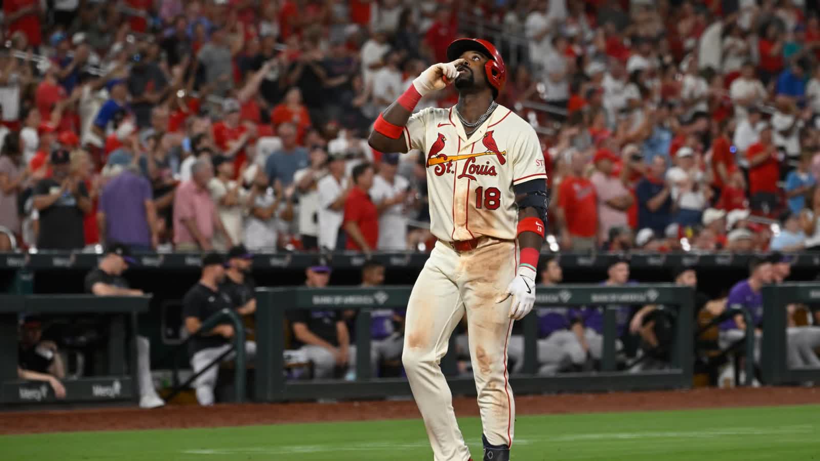 Jordan Walker points to the sky after a home run at Busch Stadium