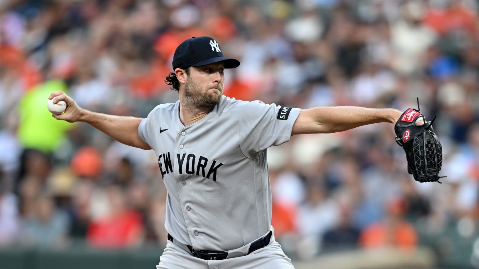 Gerrit Cole delivers a pitch for the Yankees at Camden Yards