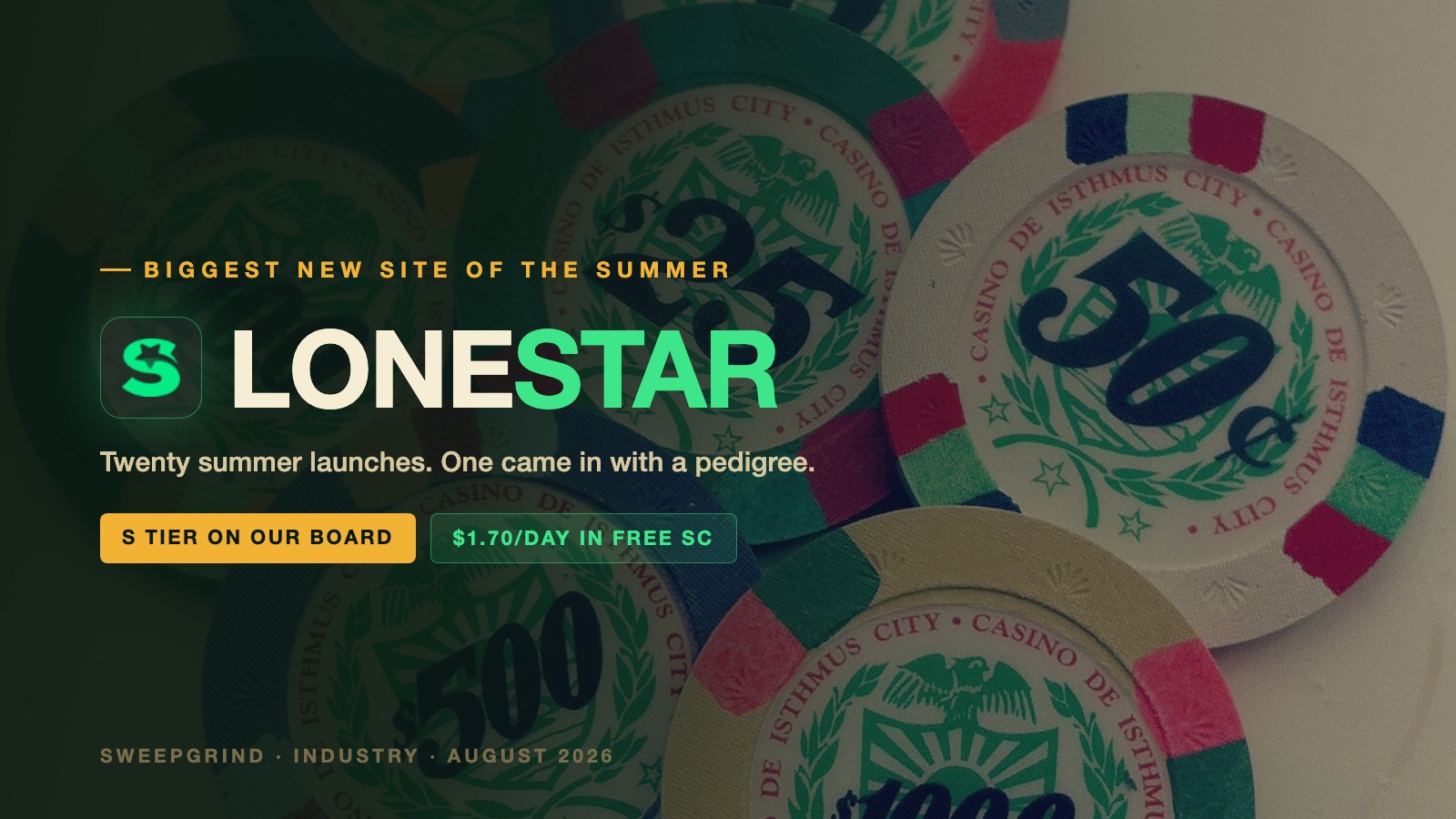 LoneStar Casino, the biggest new sweeps site of the summer, over a background of casino chips