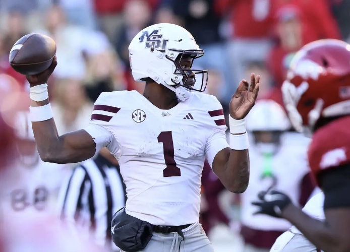 Mississippi State quarterback Kamario Taylor throws a pass