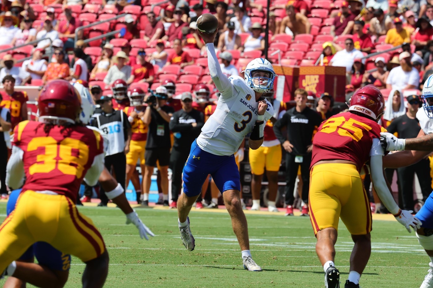 San Jose State quarterback Luke Weaver throws against USC