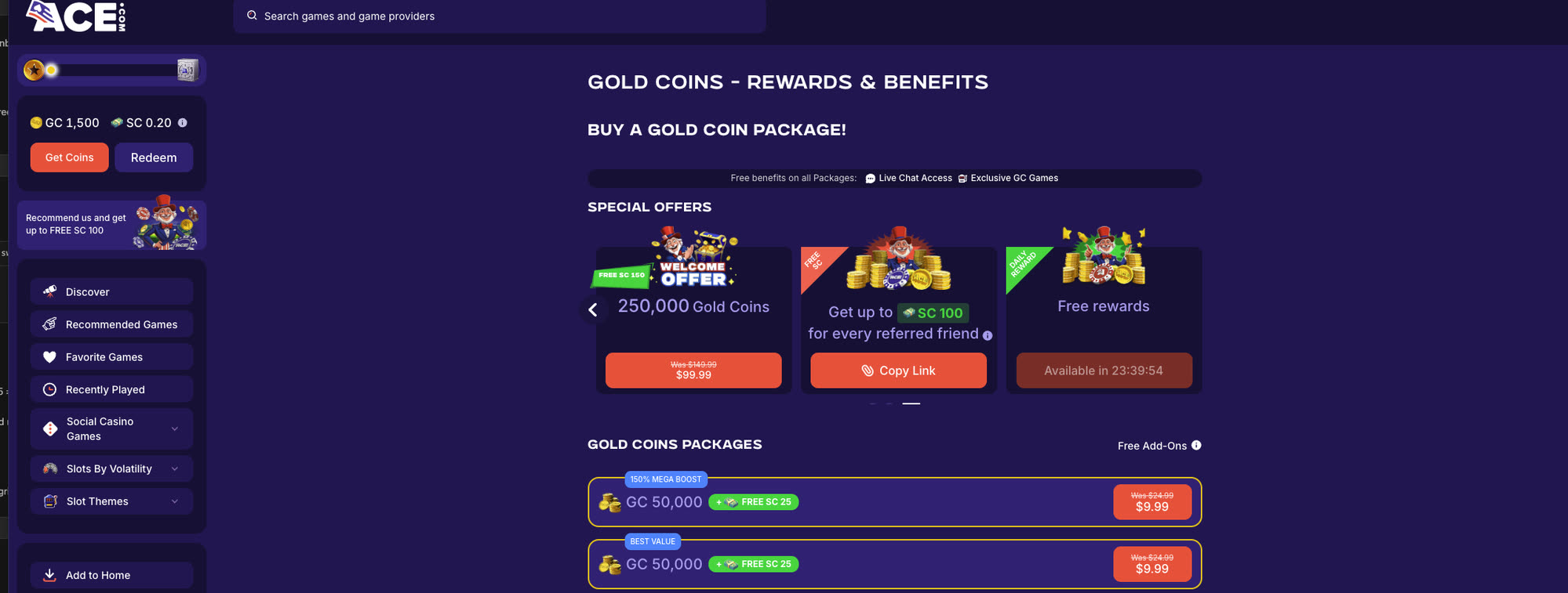Ace.com Get Coins page: the Free rewards card with the Daily Reward ribbon sits at the right of the Special Offers row, with a 24 hour countdown between claims