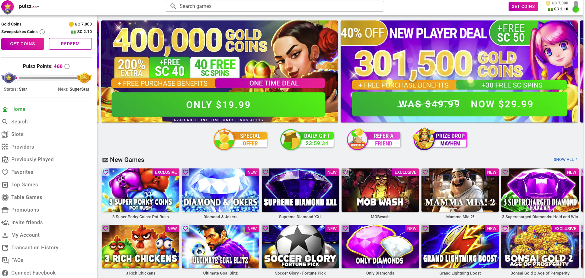 Pulsz casino lobby