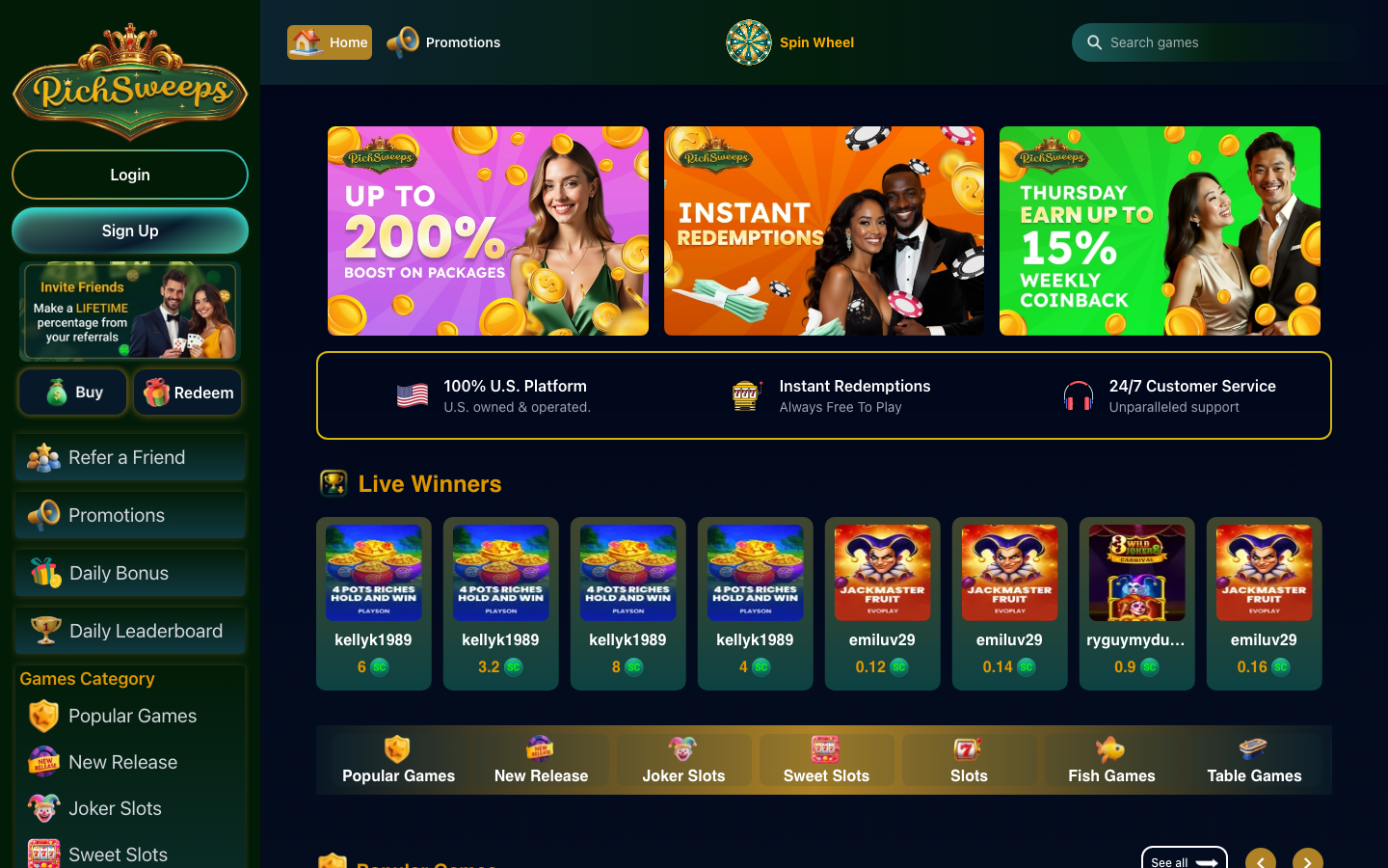 RichSweeps casino lobby