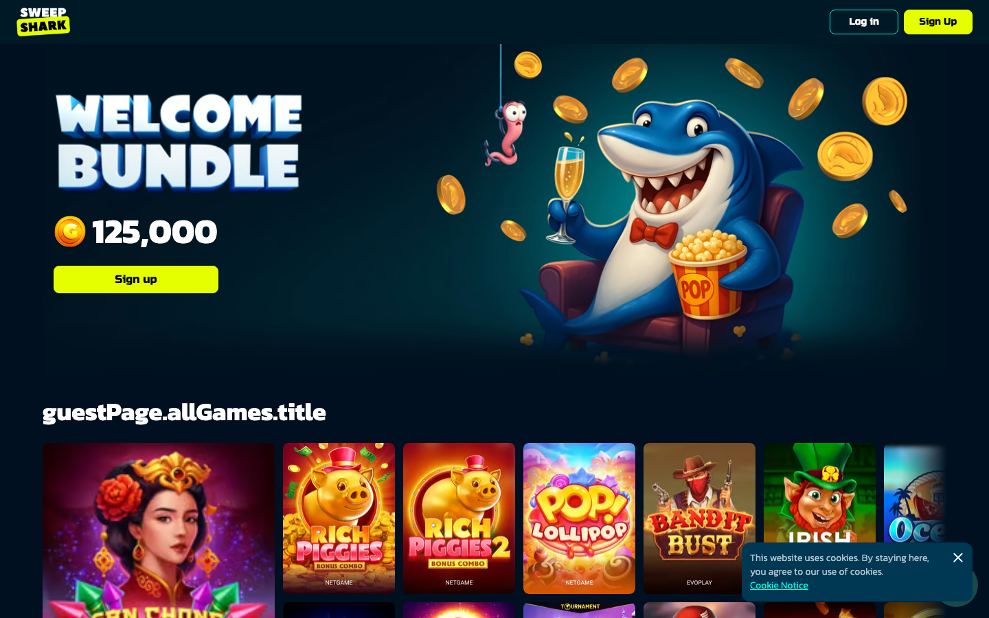SweepShark casino lobby